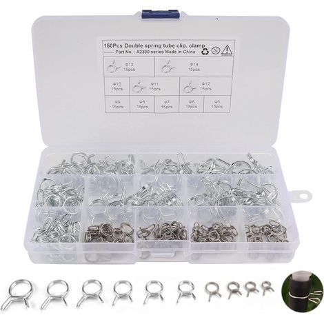 150 colliers de serrage à ressort double, acier inoxydable, ajustables, pour tuyaux carburant/eau/air, 5 à 14 mm (1/5)
