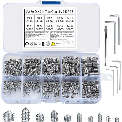 Vis sans tête 350 pièces - Acier inoxydable 304 - Tête sphérique conique hexagonale - Pour poignées et meubles - Tailles M3 à M8 (1/5)