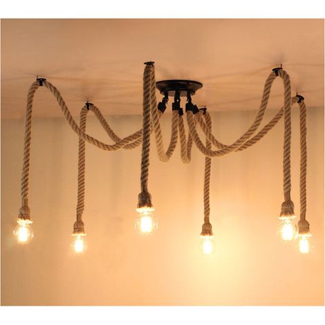Rétro Lustre Suspension Araignee Corde de Chanvre avec 6 Bras E27 Douille, Industriel Lampe DIY 2.0m Fil Longueur Ajustable Luminaire Décoration Chambre Restaurant Bar (1/4)