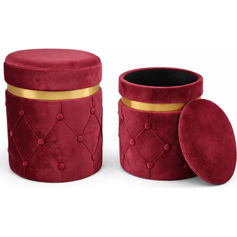 Set 2 Pouf Contenitori Bordeaux in Velluto con Design Trapuntato 38x44cm 31x38cm (1/5)