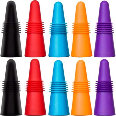 Lot de 10 bouchons à vin réutilisables silicone avec bouchons liège, conservation fraîcheur vin, multicolores. (1/5)