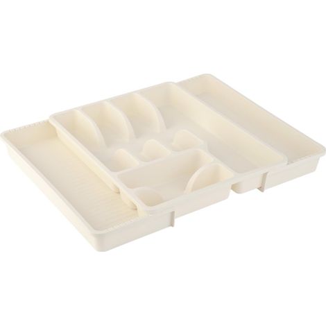 1 range-couverts réglable beige avec 8 compartiments, en plastique, sans BPA, porte-couverts, range-couverts pour tiroirs de cuisine, dimensions : 29-51 x 38 x 5 cm (1/5)