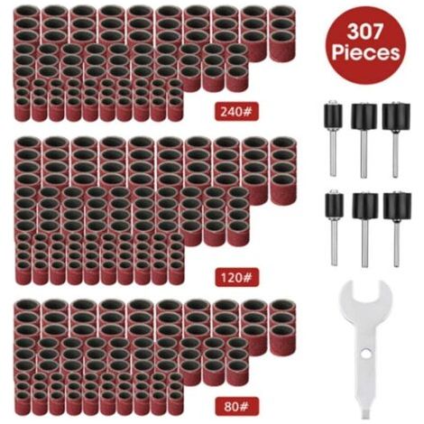 Ensemble de 307 pices de ponceuse tambour Kit de tambour de ponage - Manchons de bande de ponage 300 pices (80 / 120 / 240 ) + Mandrins de tambour 6 pices pour outil rotatif + 1 cl combine
