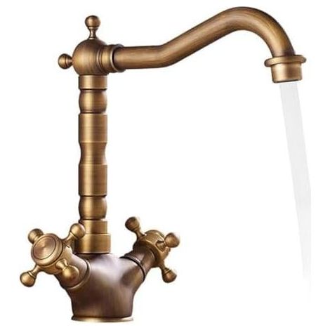 Robinet d'évier en laiton style vintage à double poignée et rotation 360°, livré avec tuyau flexible, finition robuste pour cuisine et salle de bains. (1/5)