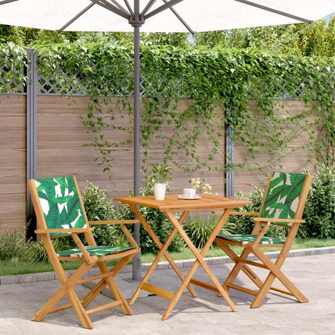 3-tlg. Bistro-Set Blattmuster Stoff und Massivholz