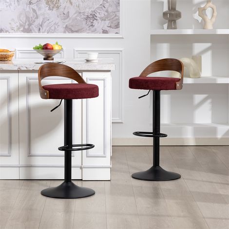 Lot de 2 Tabourets de Bar Pivotants à 360° - 42x42x77-98cm - Dossier Noyer et Assise en Lin Réglable en Hauteur - Rouge Vin (1/5)