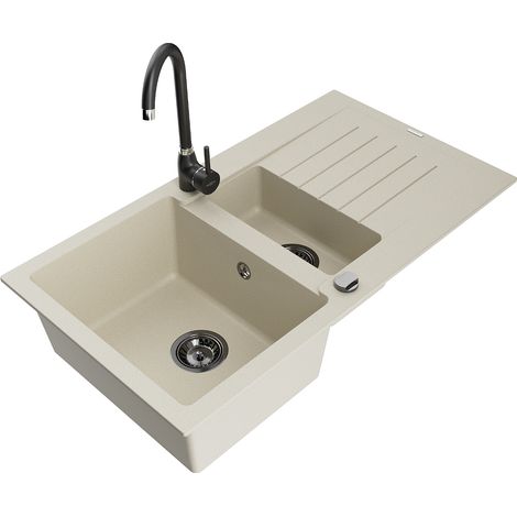 Mexen Matias évier en granit 1,5 bac avec égouttoir et robinet de cuisine Telma, beige - 6502-69-670200-70 (1/5)