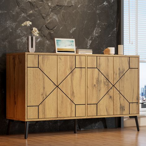 Modernluxe - Buffet motif vagues 120x35x69 cm - Meuble de rangement 4 portes - Finition bois - Pieds en métal - MDF - Naturel (1/5)