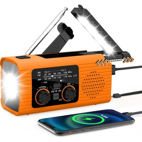Radio d'urgence AM/FM/NOAA avec radio solaire, lampe de poche LED, générateur à manivelle, sirène SOS, 2000 mAh, orange. (1/5)