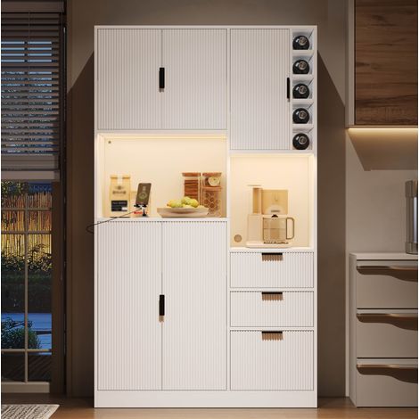 Küchenschrank, moderner hoher Aufbewahrungs- und Weinschrank mit verstellbaren Einlegeböden, 3 Schubladen, Weinregal, farbwechselnder LED-Beleuchtung und Steckdosen, 180 × 105 × 40 cm. (1/5)