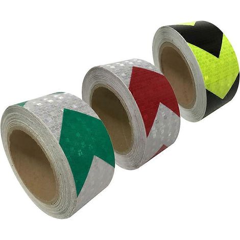 Lot de 3 bandes adhésives fluorescentes de signalisation nocturne avec flèches réfléchissantes (noir et jaune, vert et blanc).-300X5cm
