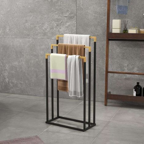 Ensemble porte-serviettes avec 3 barres, design industriel, bambou, 45 x 22,5 x 86 cm, noir et naturel (1/4)