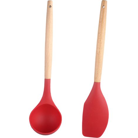 Ustensiles De Cuisine - Spatule Et Cuillère En Silicone Résistant À La Chaleur Avec Manche En Bois - Pour Poêles Antiadhésives - Lot De 2 Pièces (1/5)