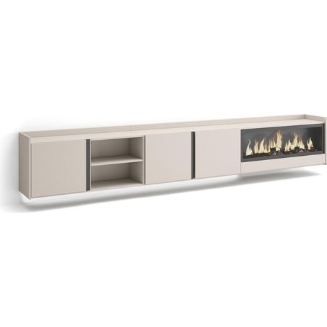 Skraut Home - Meuble TV, Banc Télé, Grand espace de Rangement, 315x35x50cm, Pour les TV jusqu'à 80", Cheminée électrique XXL, Suspendu, Mural, LED, Style moderne, Beige (1/5)