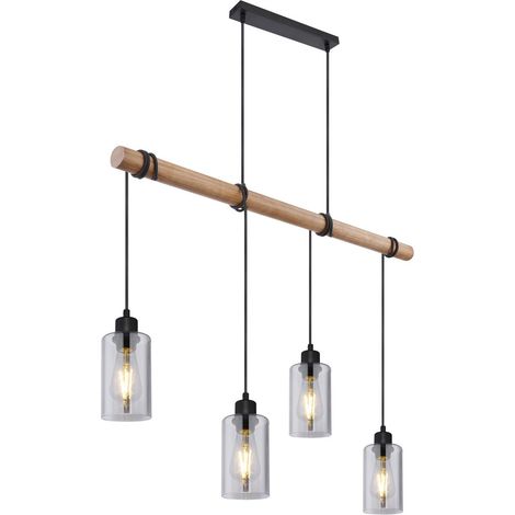 Globo Hadera Suspension en bois avec abat-jour en verre fumé noir mat, 4 ampoules E27 (1/5)
