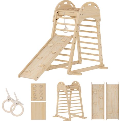 Triangle d'escalade Montessori 6 en 1 avec plateforme et anneaux, structure d'escalade en bois avec toboggan naturel (1/5)