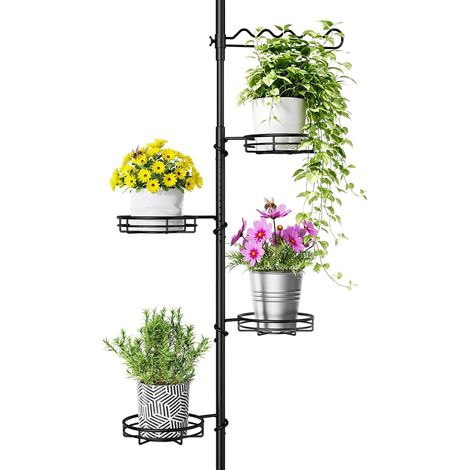 Étagère à fleurs télescopique avec 4 supports de fleurs et 1 tuteur - Support pour plantes d'intérieur peu encombrant - Étagère d'angle en métal - Étagère suspendue réglable - 122-290 cm (H (1/5)