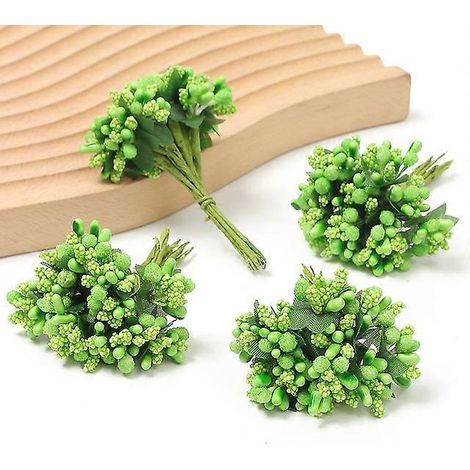 Étamines, fleurs artificielles, mini-fleurs fausses pour décoration intérieure, décoration de mariage, scrapbooking, guirlandes, loisirs créatifs, accessoires cadeaux12 pièces vertes (1/5)