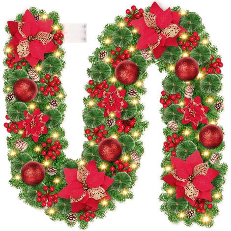 2.7m Christmas Garland Artificial Tree with LED Lights Wreath for Wall Fireplace Stairs Garden Tree Decoration (Red)