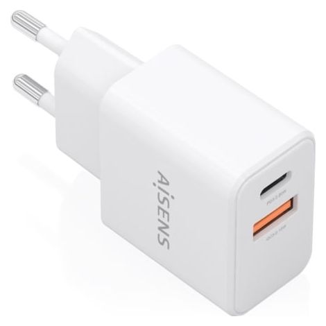 Cargador de Pared GaN Aisens A110-1025/ 1xUSB Tipo-C/ 1xUSB/ 20W/ Blanco
