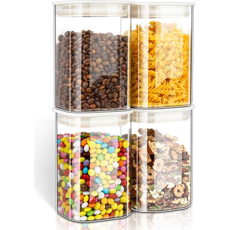 Bocaux en Verre Carrés 1100ml, Lot de 4 Bocal en Verre avec Couvercles ABS Empilables et Lavables, Boite Alimentaire Verre Hermétique pour Rangement Cuisine/Bureau (1/5)