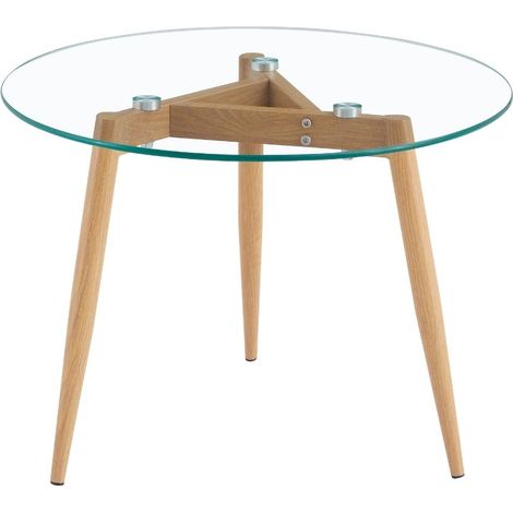 Tavolino rotondo in vetro con gambe metallo color legno 60x44 cm