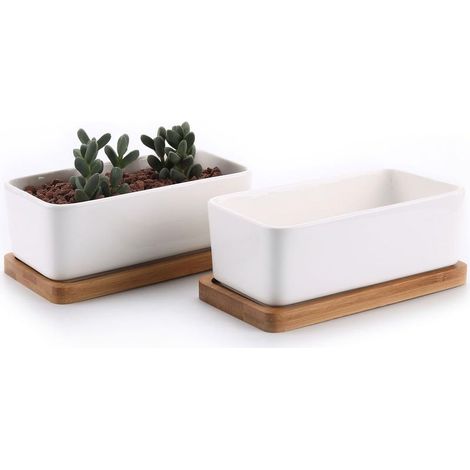 Maceta de cerámica de 17 cm para suculentas con bandeja de bambú blanca, juego de 2, maceta para cactus, contenedor de flores, regalo para cumpleaños o bodas. (1/5)