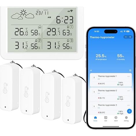 Station Météo WiFi Intérieur Extérieur avec 4 Thermomètre Hygromètre Sans Fil avec Date et Prévisions, Compatible pour Maison, Cave à vin, Serre (1/5)