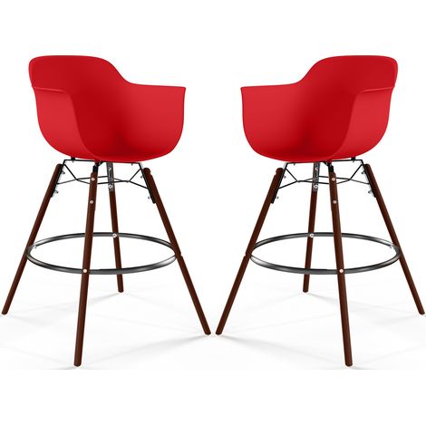 Tabourets de Bar - Design Scandinave - Pieds en Bois Sombre - Lot de 2 - Nordika Rouge