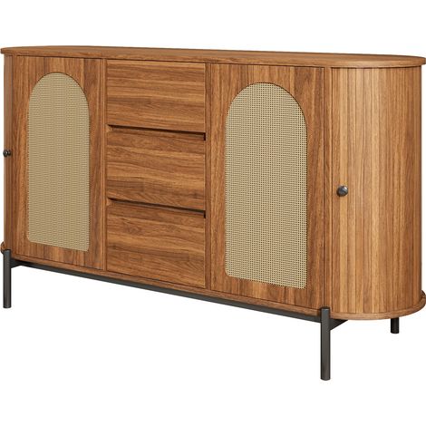 Aparador ovalado de MDF color nogal con puertas de ratán, cajones y patas metálicas (1/5)