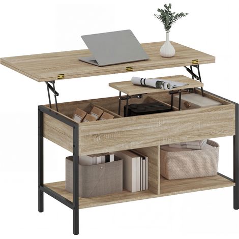 Table de salon extensible avec rangement secret, plateau relevable, étagères apparentes, bois naturel, 98x49x55 cm, meuble pratique pour petit espace. (1/5)