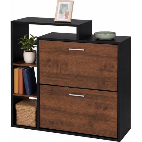 Relaxdays, tilt shoe cabinet, 2 compartments, open shelves, anti-tilt protection, for the hallway, industrial black (1/5)