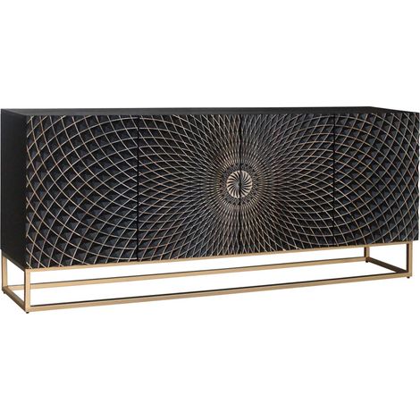Buffet KOSMOS 180 cm – Massives Schwarzholz mit 3D-Schnitzerei – Goldene Metallfüße
