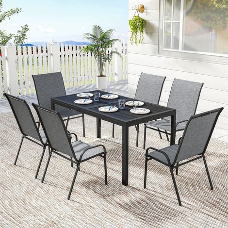 Gartenmöbel-Set mit Tisch und Stühlen, bestehend aus einem Metalltisch mit Lochung und 6 stapelbaren, atmungsaktiven Stühlen für die Terrasse, Grau