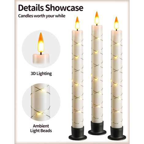 Candela LED con telecomando e timer, candela a batteria con luci a catena, stoppino dinamico 3D, set da 3, avorio, con 3 basi nere, per l'arredamento della casa (1/4)
