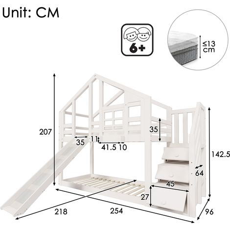 Lit cabane enfant 90x200 cm, lit superposé forme fenêtre avec toboggan et barrière sécurité, blanc, 2 sommiers lattes (sans matelas)