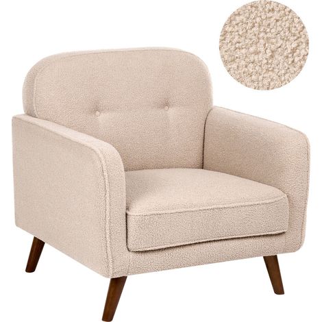Poltrona imbottita, poltrona decorativa, trapuntatura a bottoni, gambe in legno bouclé beige, Ettrum (1/5)