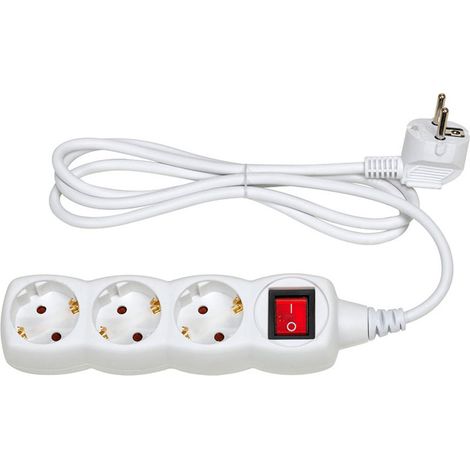 Multiprise, 3 Prises, Schuko 2p+t, 16 A 250 V, 1,5 M Câble, Avec Interrupteur, Blanche, Basic Line, Blister