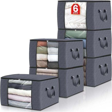 Pack of 6 foldable thick fabric storage bags, suitable for bedroom, wardrobe and bedding storage, gray. (1/4)