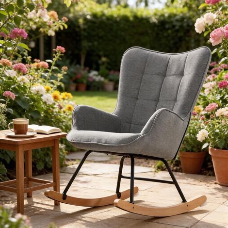 Poltrona a Dondolo in Velluto, Schienale Alto, Design Ergonomico, Poltrona da Lettura e Relax, Grigio Scuro (1/5)