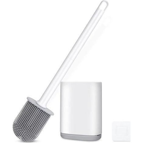 Cepillo de baño flexible de silicona con soporte y mango largo, cabezal de cepillo de limpieza para inodoro de montaje en pared (blanco) (1/2)