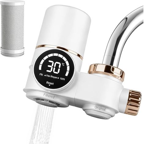 Filtre à eau pour robinet avec affichage LED - Filtre à eau potable - Élimine le chlore, les métaux lourds - Stérilisation UV - Pour la cuisine, les voyages, les animaux domestiques - Blanc (1/5)