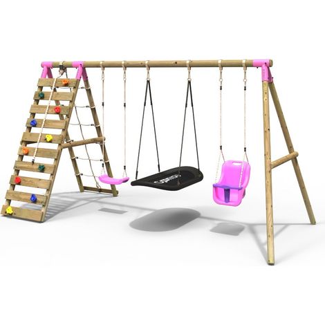 Rebo Wooden Swing Set with Up and Over Climbing Wall - Skye Pink (1/5)