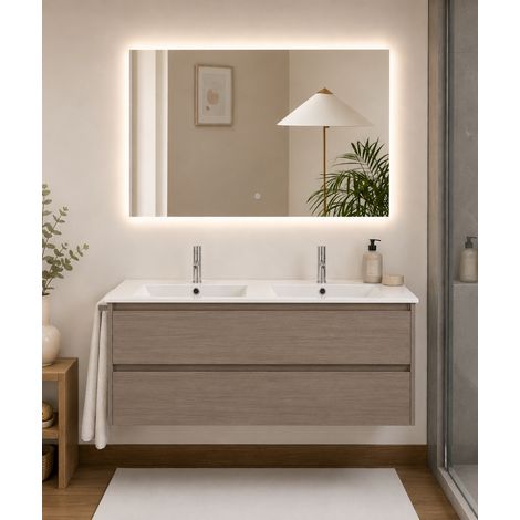Badmöbel mit Waschbecken ORIGENBATH IBIZA ohne Spiegel 120x45 cm Doppelwaschbecken Smoky-Eiche (1/3)