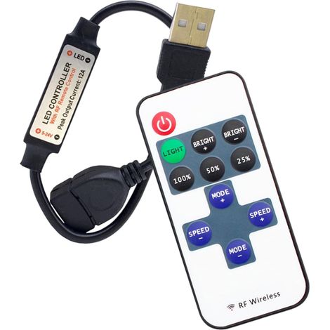 Contrôleur Variateur de Lumière LED RF 11 Touches USB Mâle Femelle Noir pour Ruban LED Monochromes 5V-24V, Télécommande Sans Fil Multifonction avec Réglage de Luminosité et Modes Dynamiques (1/5)