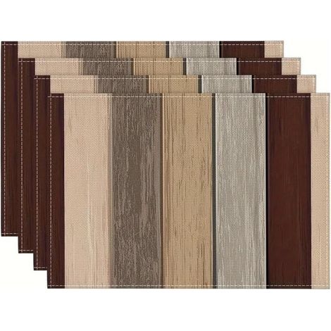 Set of 4 Rectangular Rustic Antique Brown Linen Placemats, 12 x 18 Inches, Woven Wood Grain Pattern