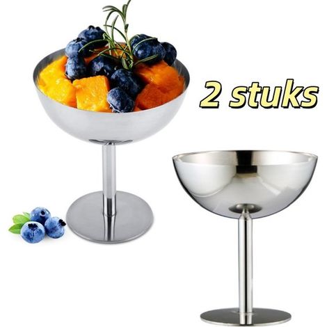 2 cuencos de acero inoxidable para helado, Reutilizables, Cuencos para postre, Base redonda, dulces, gelatina, fruta, Plateados (1/5)