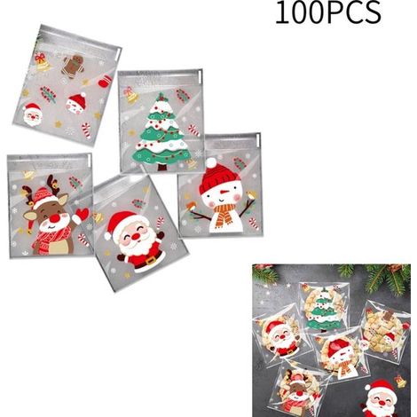 Lot de 100 sachets à bonbons - 10 x 10 cm - 5 modèles - Sachets auto-adhésifs OPP - Pour bonbons, chocolats, biscuits - Emballage (1/4)