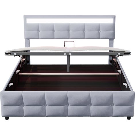 Cama tapizada 180 x 200 cm gris con LED, somier de láminas y arcón elevable hidráulico (1/5)