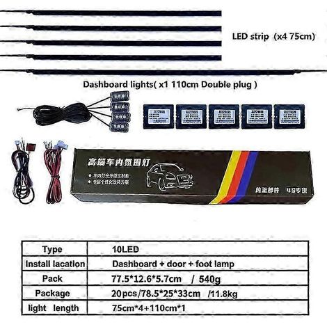 Bande lumineuse LED 18 en 1 pour voiture, éclairage d'ambiance intérieur, bande LED acrylique RGB 64 couleurs, guide de lumière à fibre optique, lampe d'ambiance décorative (10 en 1) (1/4)